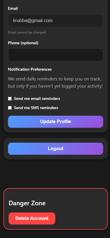 Profile page showing delete account option